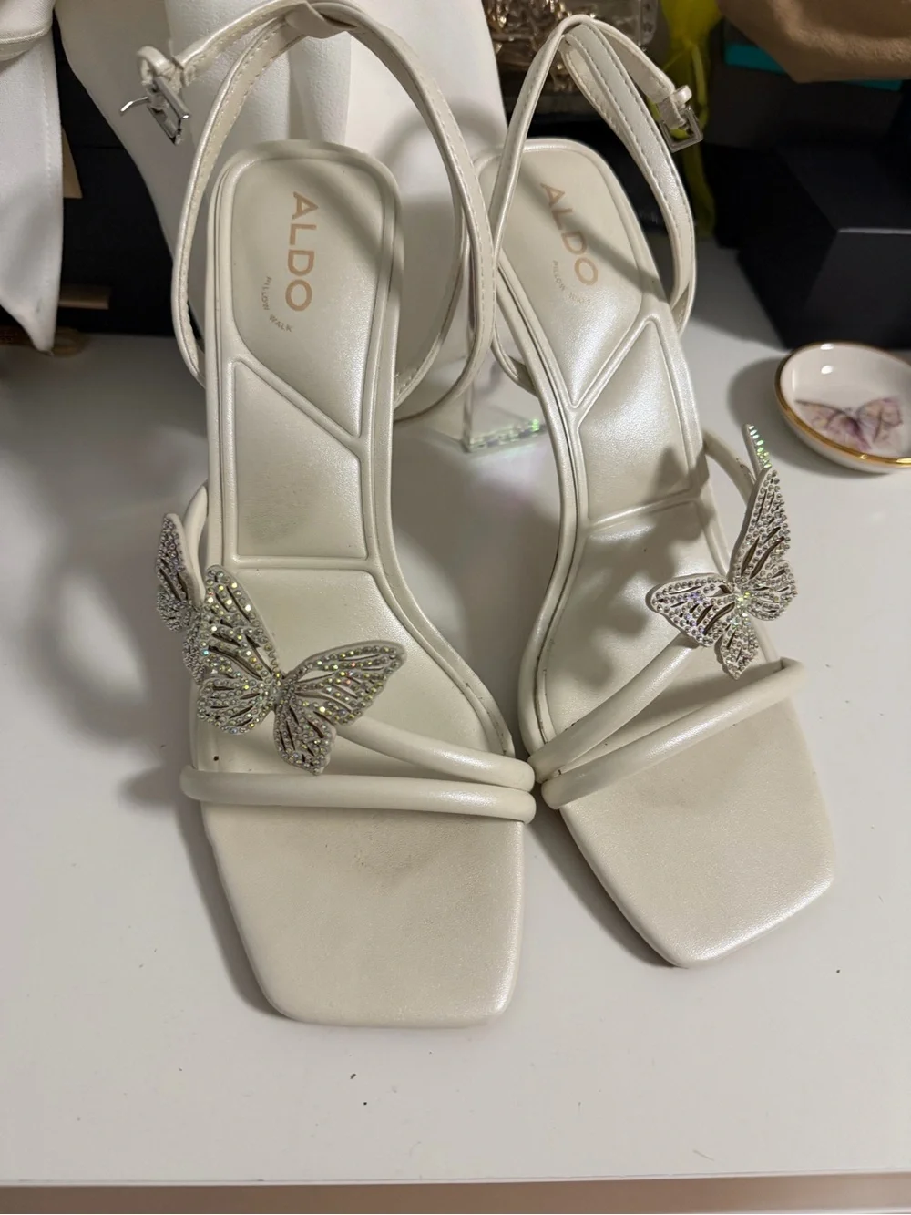 ALDO White Butterfly Crystal Ankle-Strap Sandals